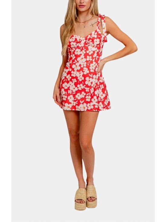 Hausen Dresses & Skirts - Hausen Hope Mini Dress Red White Floral Tie Strap Sundress Large